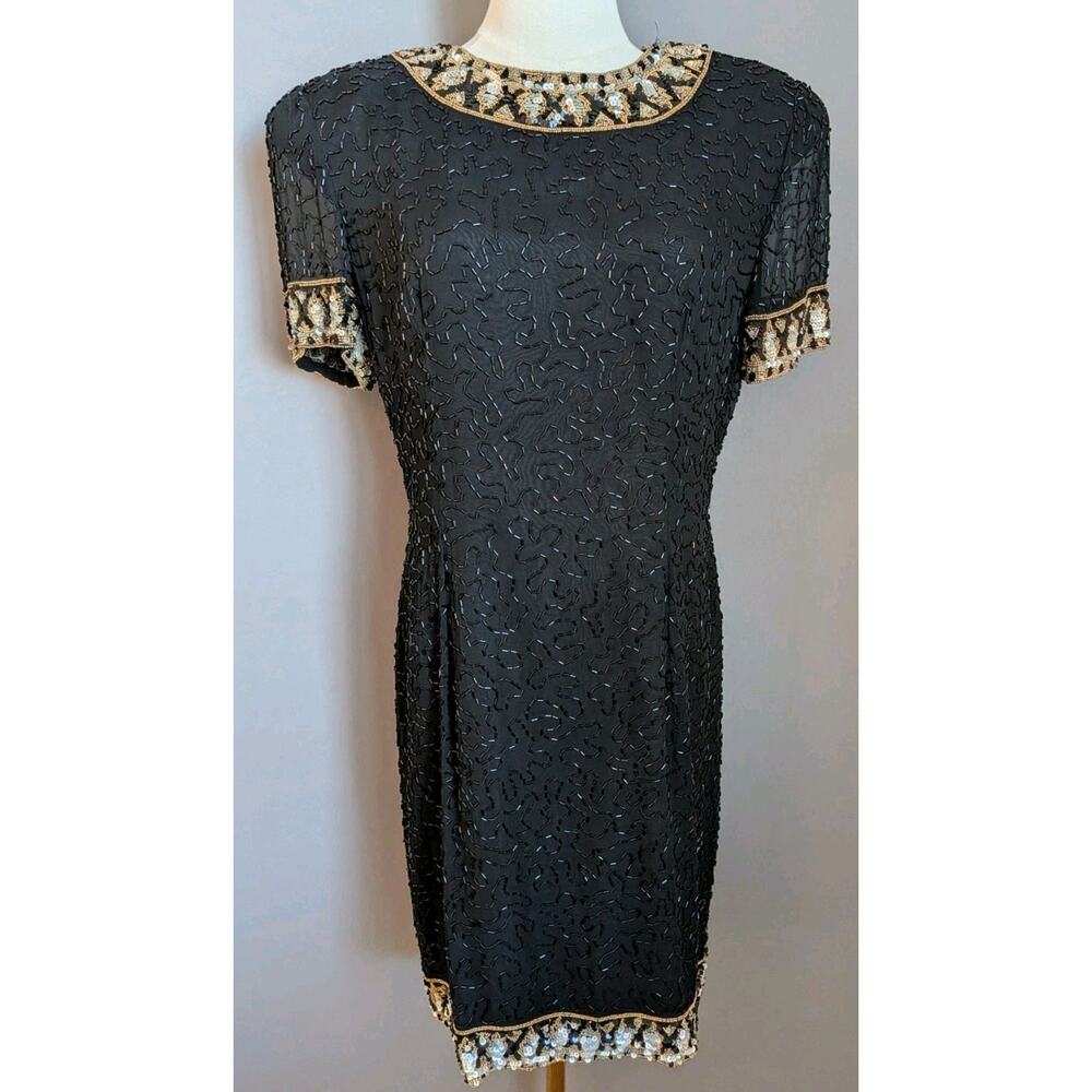 Vintage AJ Bari Black Beaded Sequin Cocktail Dress Women’s 12 Formal Evening